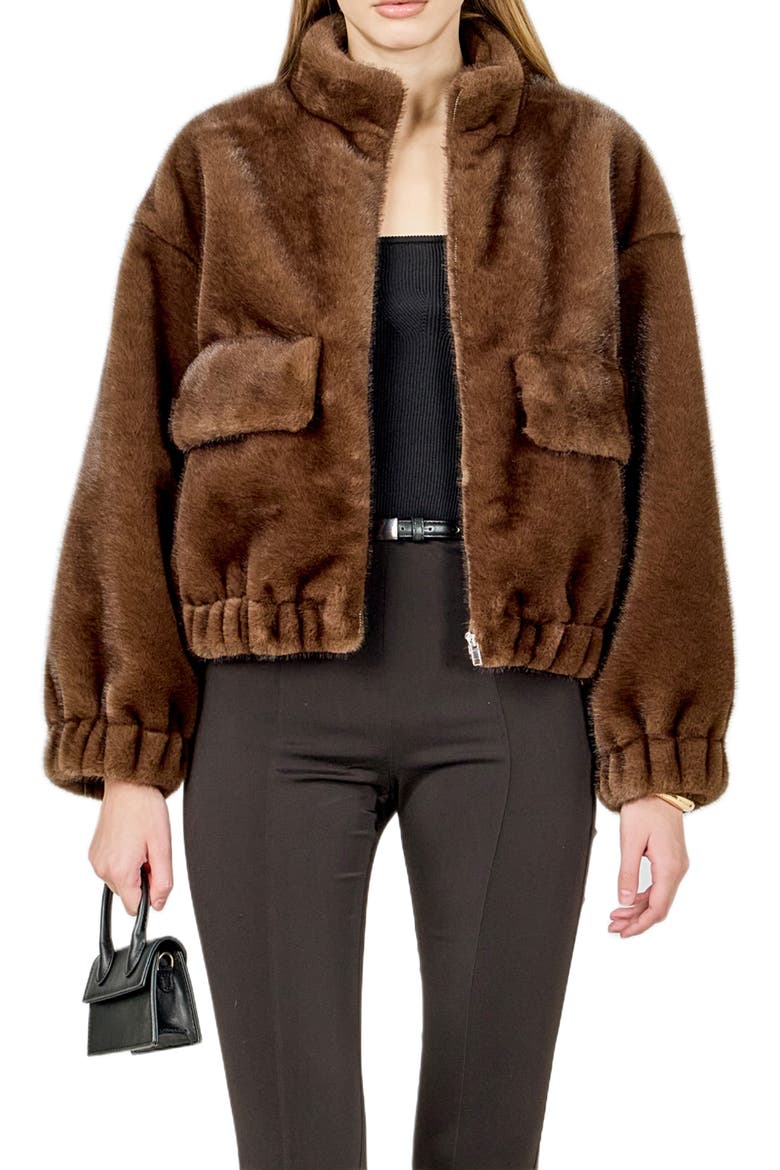 Faux Fur Bomber Jacket, Main, color, BROWN