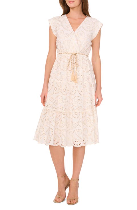 Eyelet Tie Waist Tiered Midi Dress