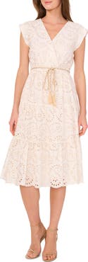 Vince Camuto Eyelet Tie Waist Tiered Midi Dress