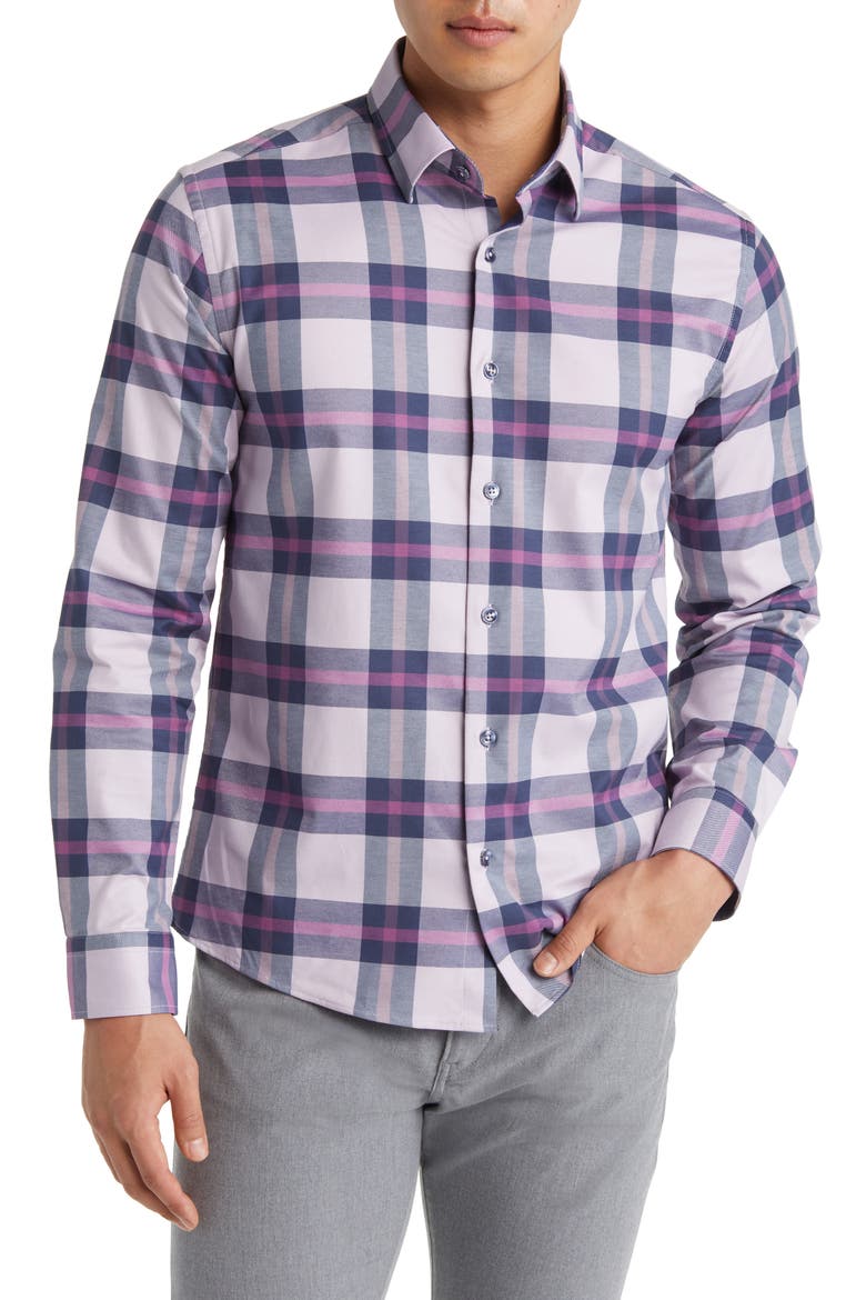 DRY TOUCH® Plaid Performance Button-Up Shirt, Main, color, LAVENDER