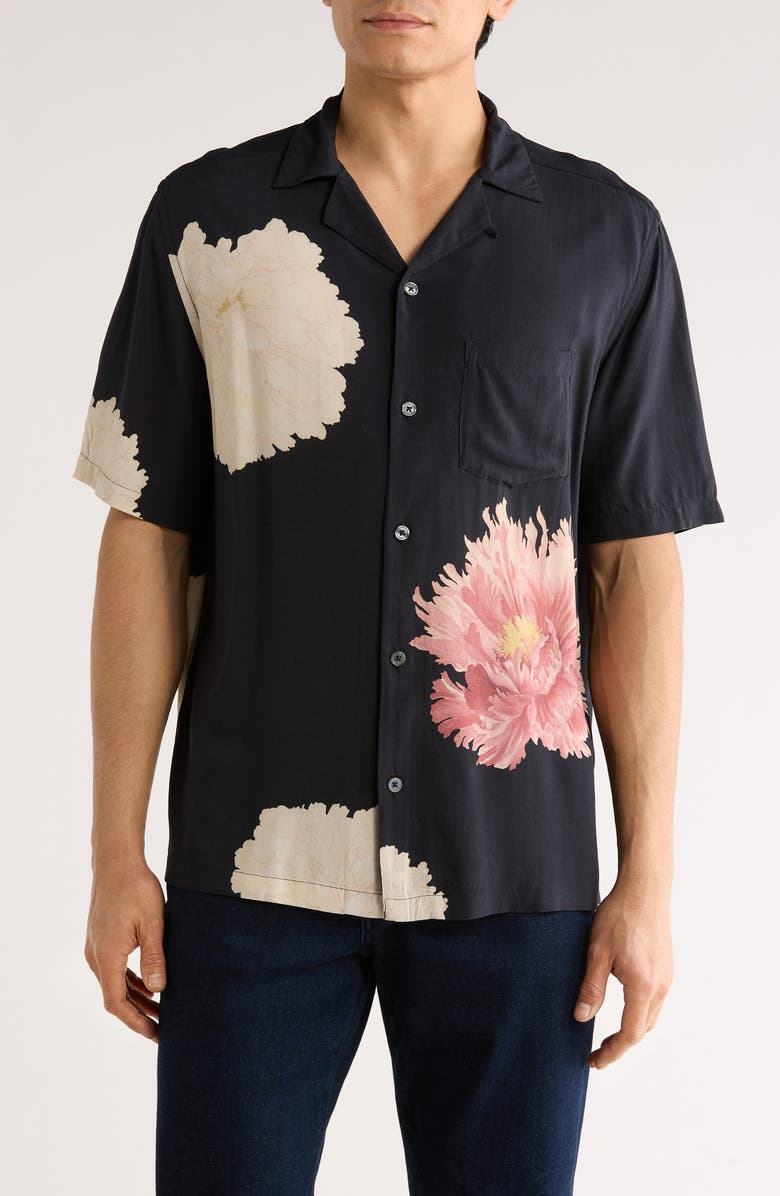 AllSaints Fleur Camp Shirt, Main, color, Black