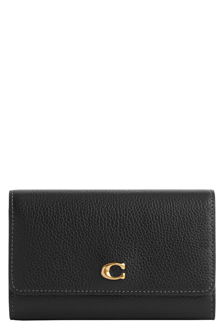 Essential Polished Pebble Leather Trifold Wallet, Main, color, BLACK