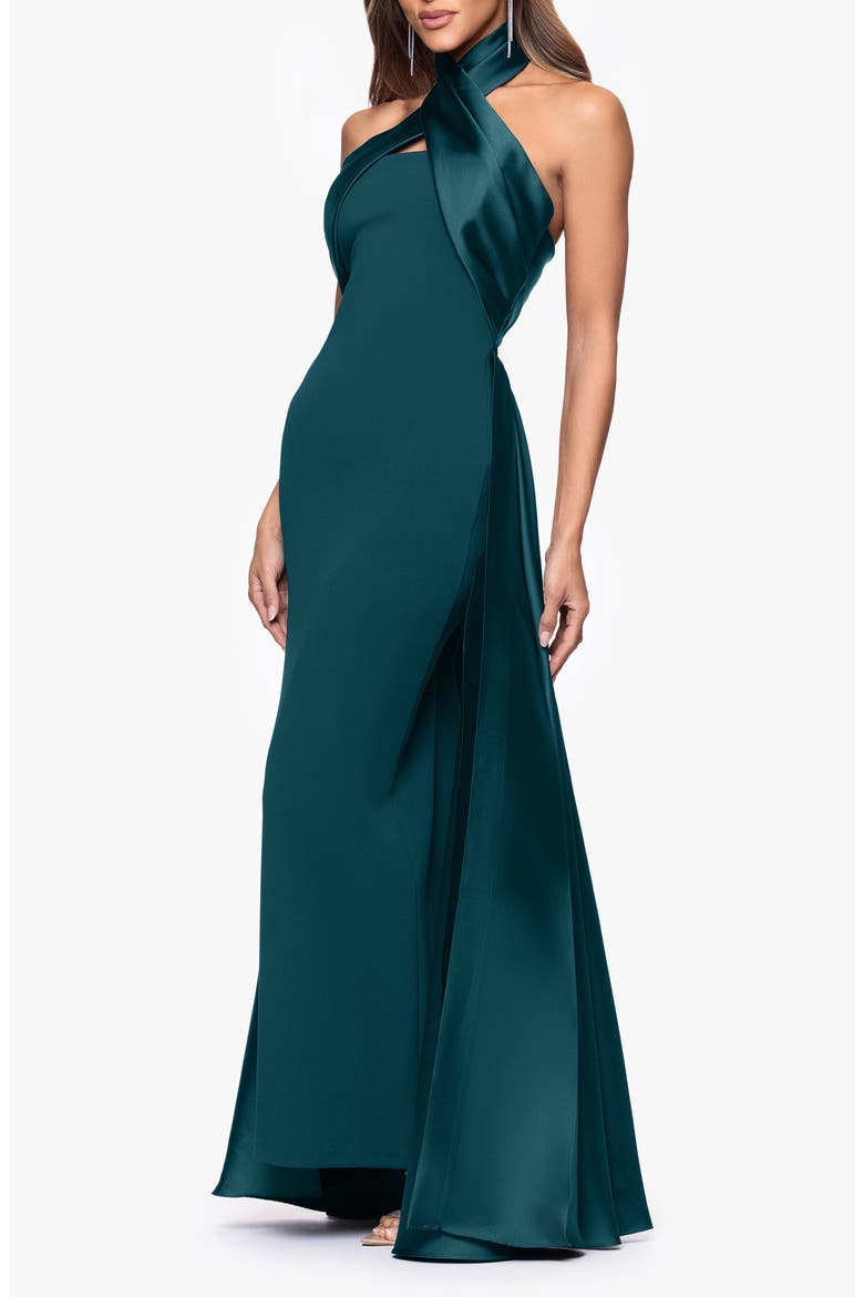 Twist Halter Neck Mikado Scuba Crepe Gown, Alternate, color, PINE
