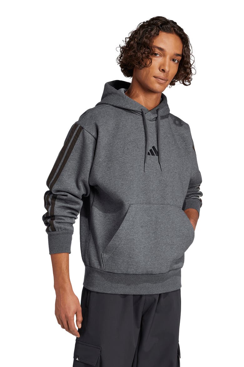 Essentials 3-Stripes Fleece Hoodie, Alternate, color, DARK GREY HEATHER/ BLACK