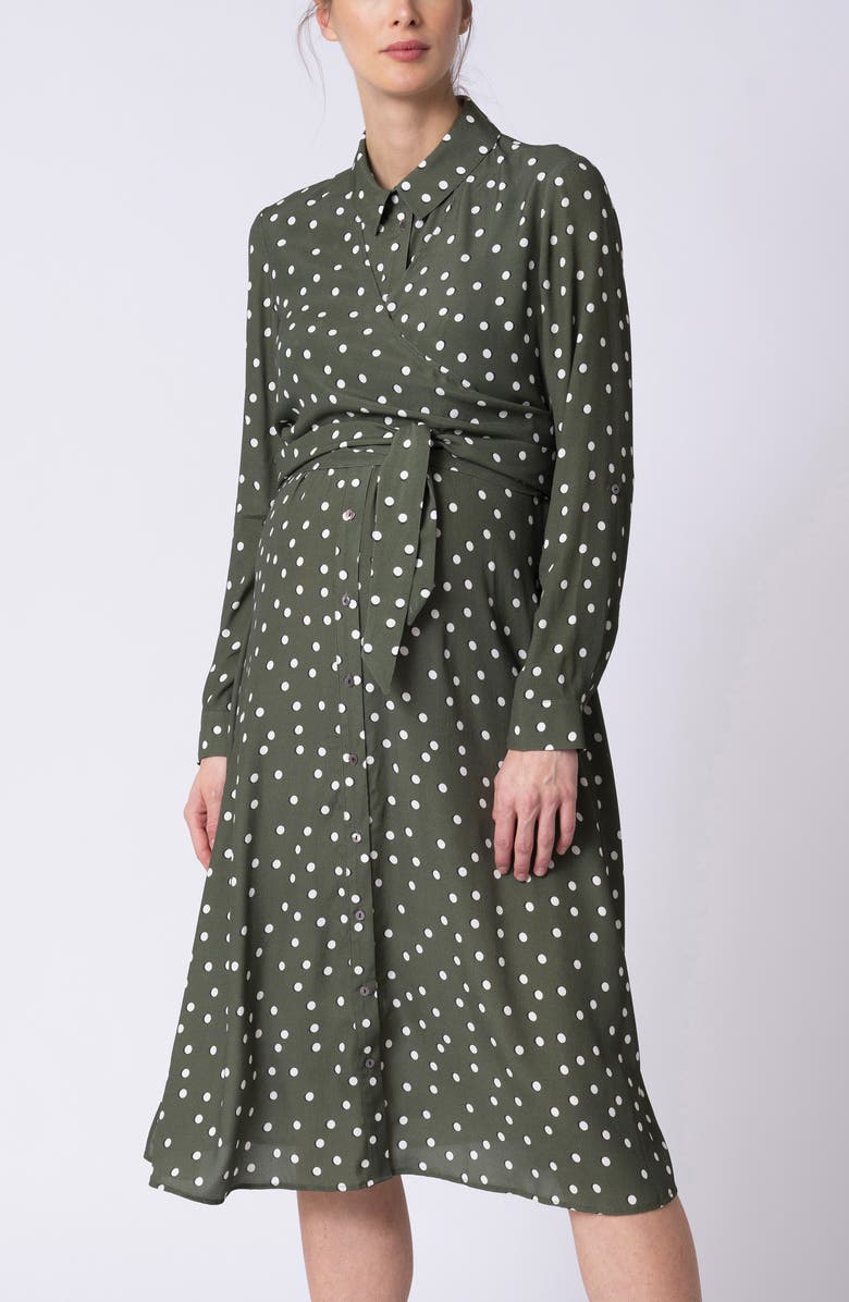 Seraphine Polka Dot Long Sleeve Maternity/Nursing Shirtdress, Alternate, color, 