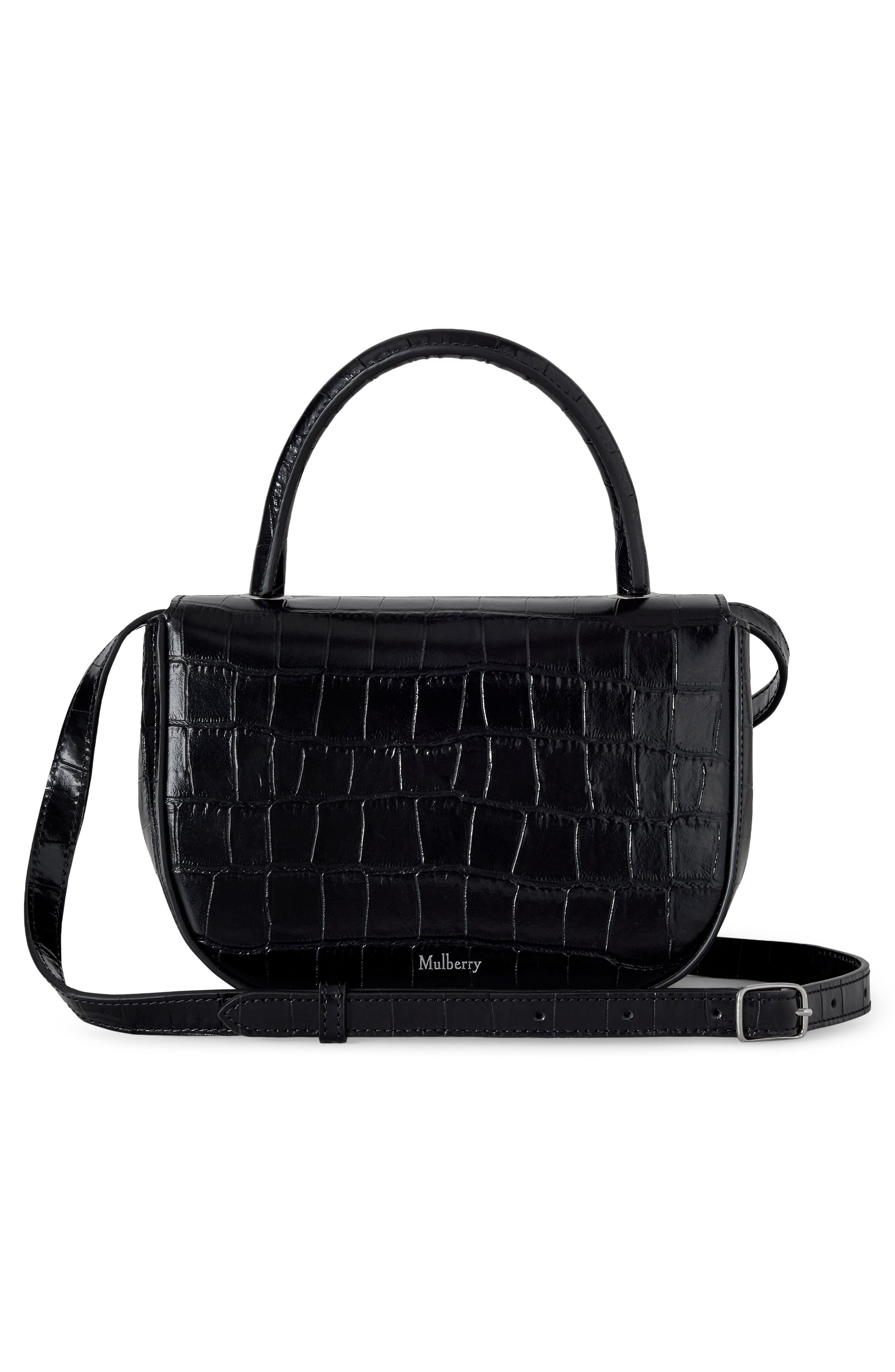 Mulberry Small Amberley Croc Embossed Patent Leather Top Handle Bag, Alternate, color, Black