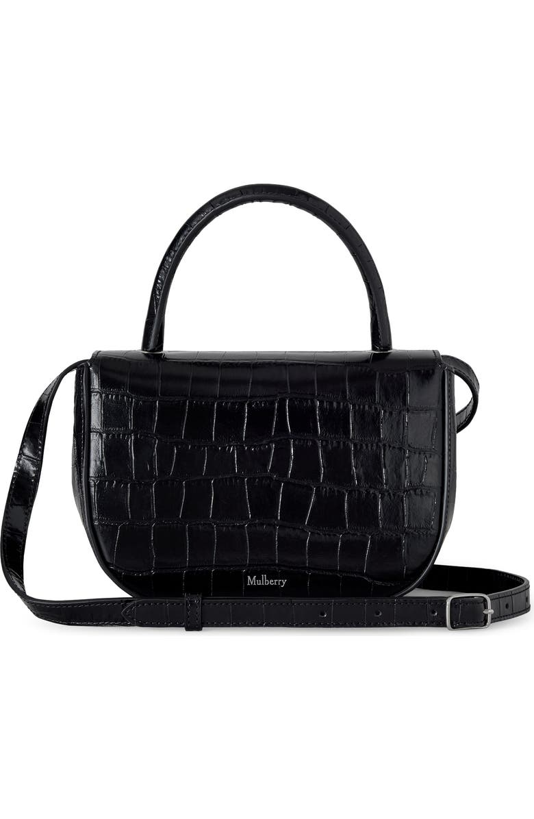 Mulberry Small Amberley Croc Embossed Patent Leather Top Handle Bag, Alternate, color, Black