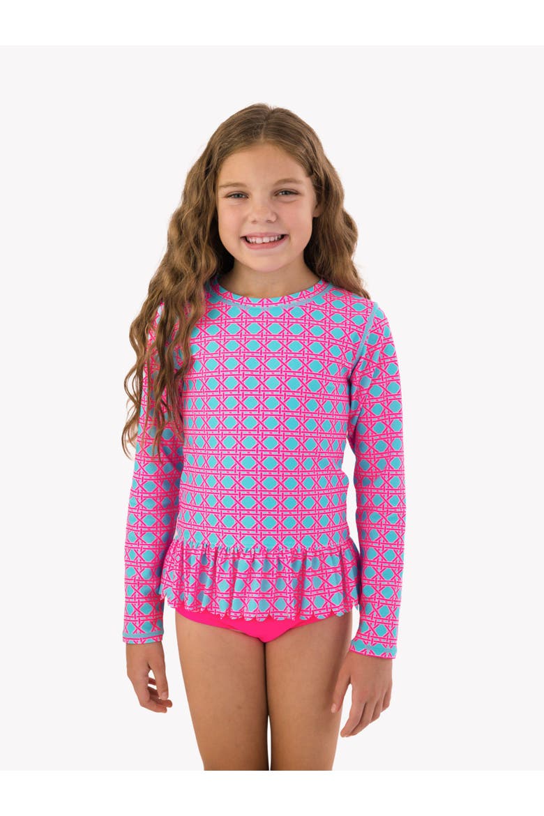 Scallop Hem Long Sleeve Rash Guard 2-Piece Bikini Swimsuit, Alternate, color, Neon Sorbet Cane