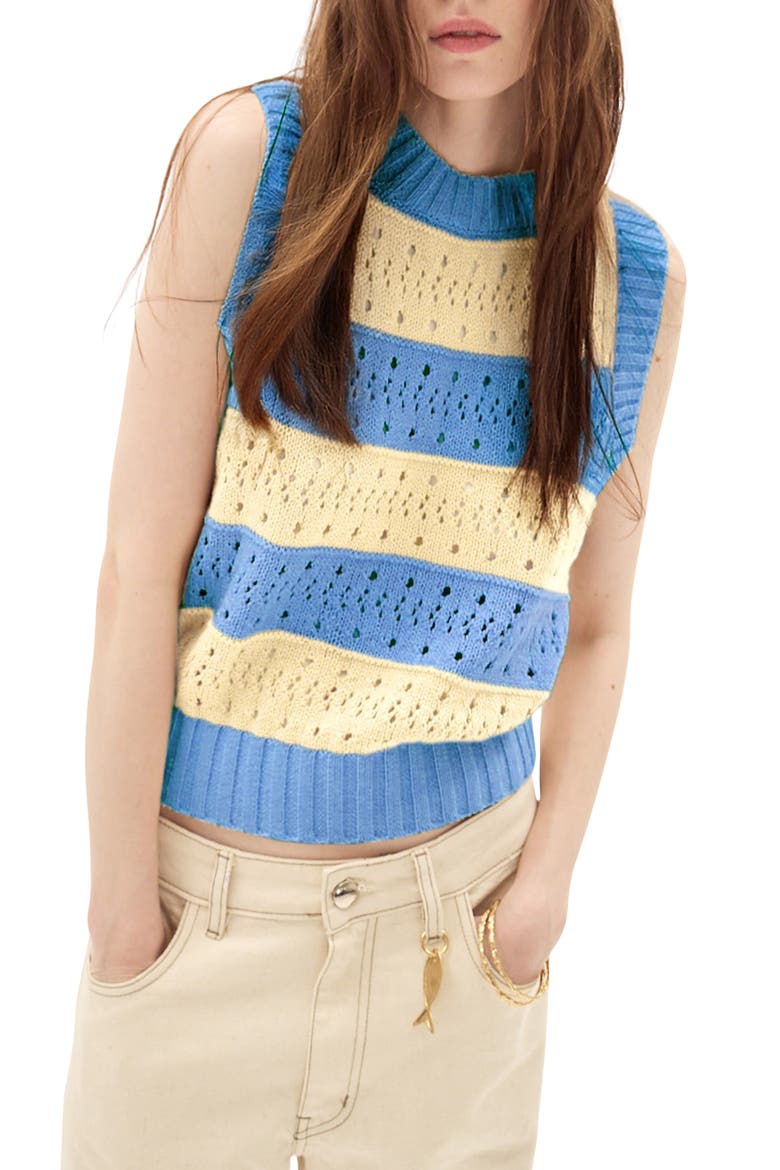 Nerja Stripe Pointelle Stitch Cotton Blend Sweater Vest, Main, color, LIGHT BLUE/ ECRU