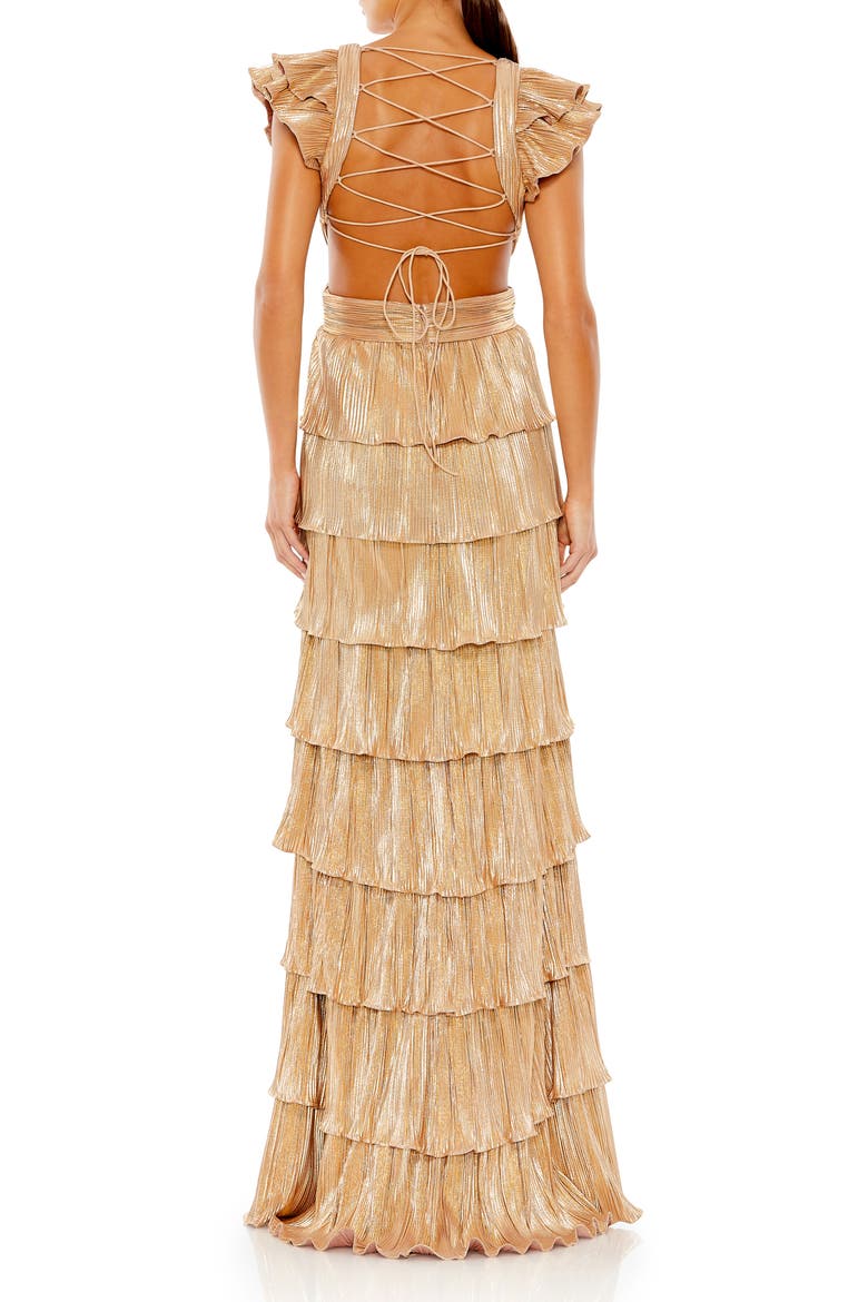 Ruffle Tiered Criss Cross Lace Up Gown, Alternate, color, GOLD