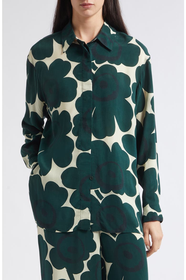 Unikko Floral Print Long Sleeve Cupro Shirt, Main, color, DARK GREEN LIGHT YELLOW