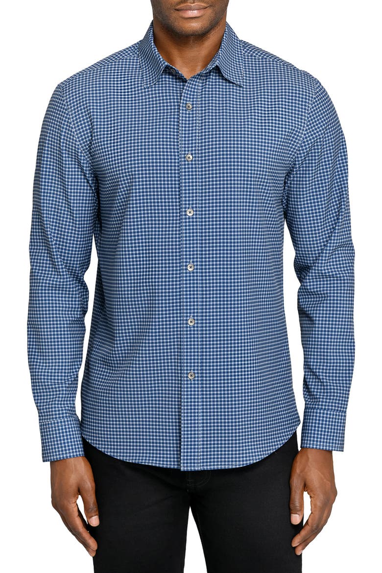 Slim Fit Faded Check Performance Button-Up Shirt, Main, color, NAVY