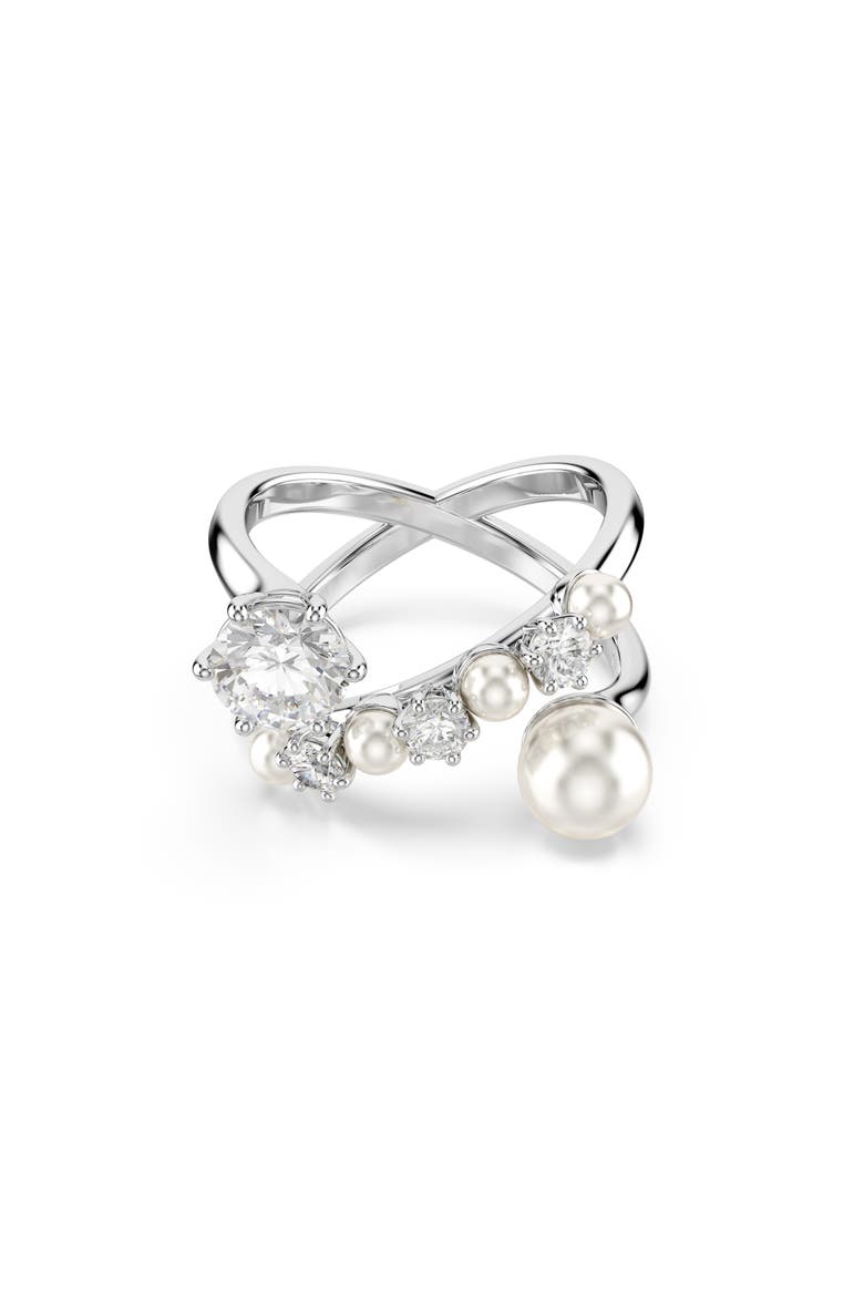 Cubic Zirconia & Glass Pearl Matrix Ring, Main, color, WHITE GOLD