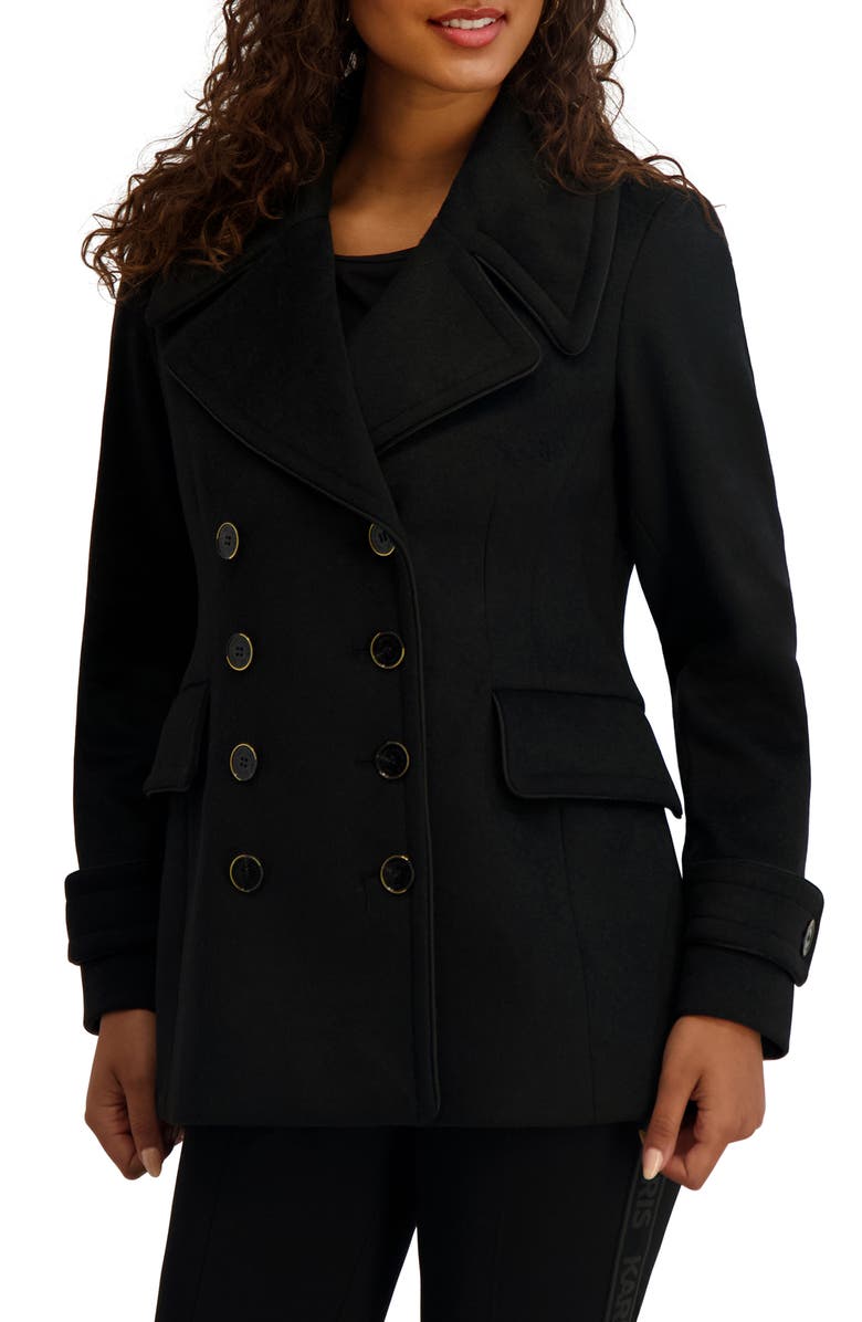 KARL LAGERFELD PARIS Piped Double Breasted Coat, Alternate, color, Black