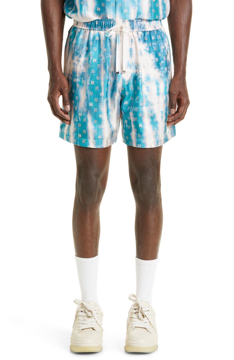 AMIRI Bleach Tie Dye Bandana Logo Print Silk Shorts, Main, color,