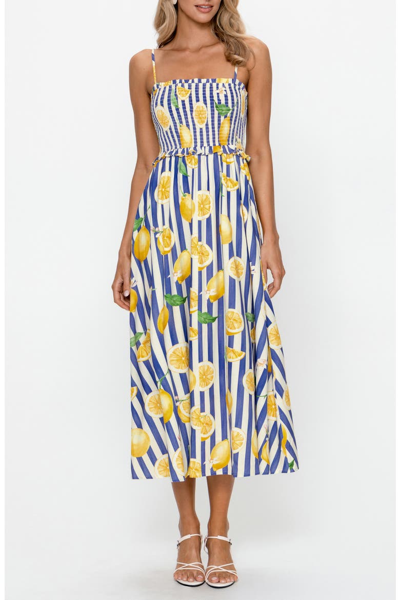 Smocked Sleeveless Midi Dress, Main, color, BLUE