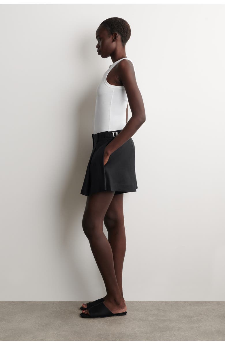 COS Pleated Belted Linen Shorts, Alternate, color, Black