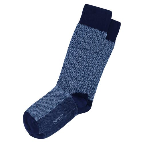 Trafalgar Horatio Cross Hatch Design Mid-calf Mercerized Cotton Socks In Navy With Sky Blue