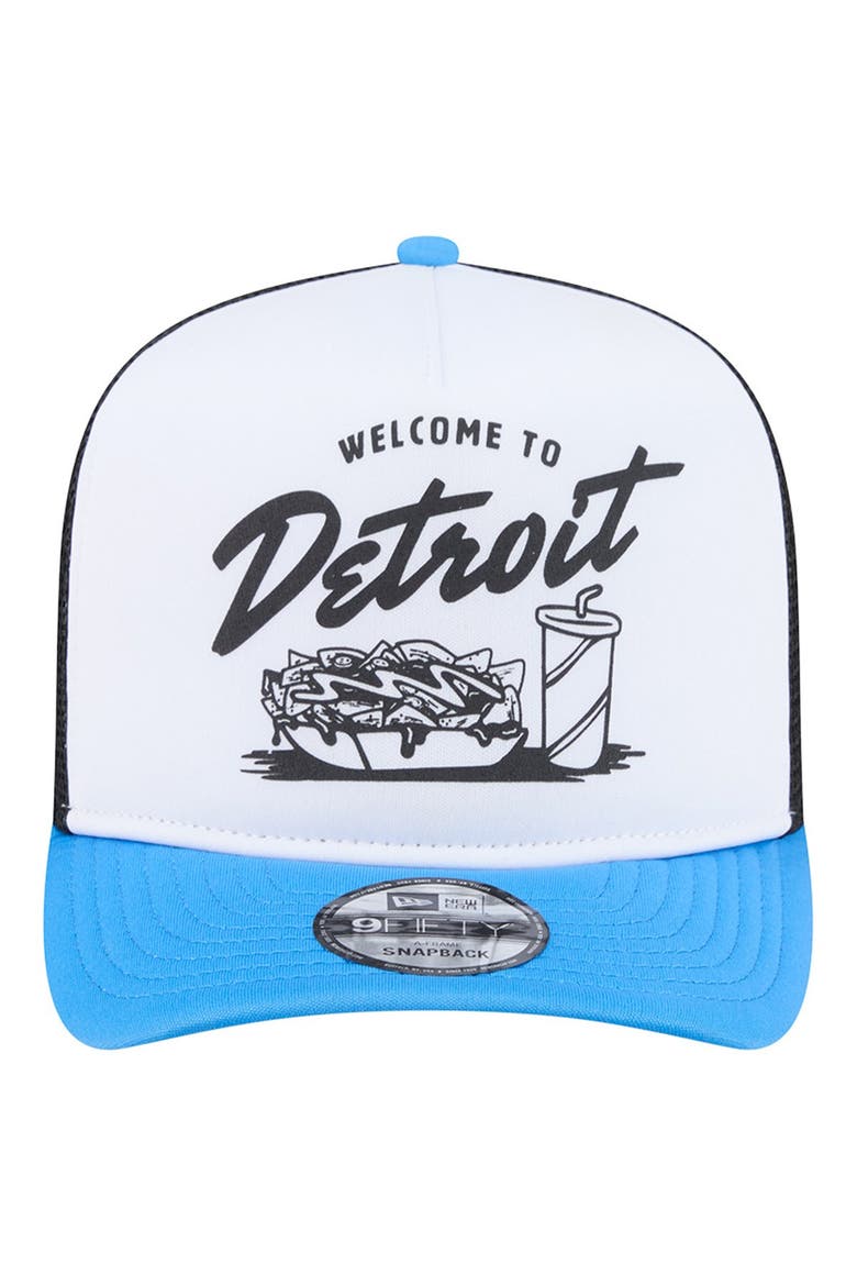 Men's New Era White/Blue Detroit Lions Foodie 9FIFTY A-Frame Trucker Snapback Hat, Alternate, color, White