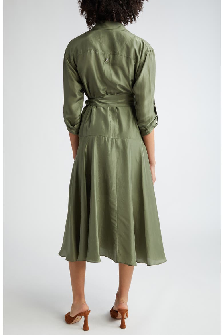 Camille Tie Waist Long Sleeve Silk Midi Dress, Alternate, color, STONE ARMY