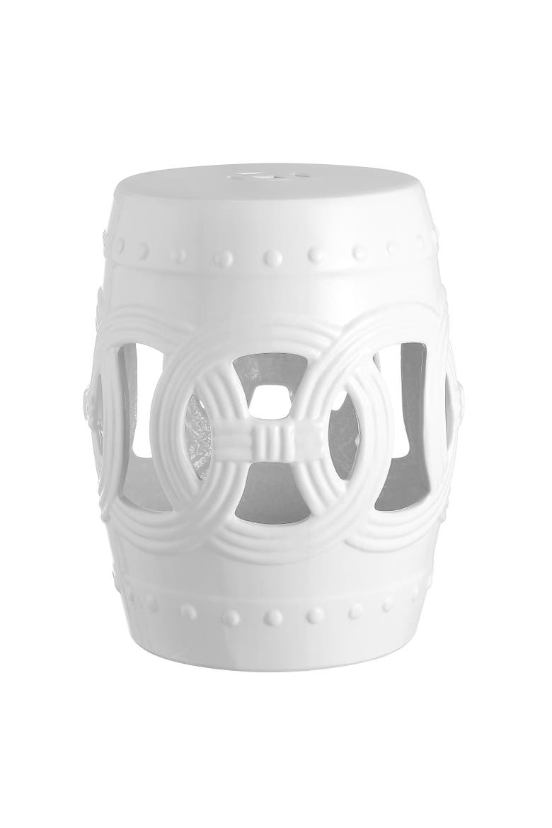Lucky Coins Contemporary Ceramic Cutout Interlocking Rings Drum Garden Stool, Indoor & Outdoor Accent Side Table, Seat, Main, color, White