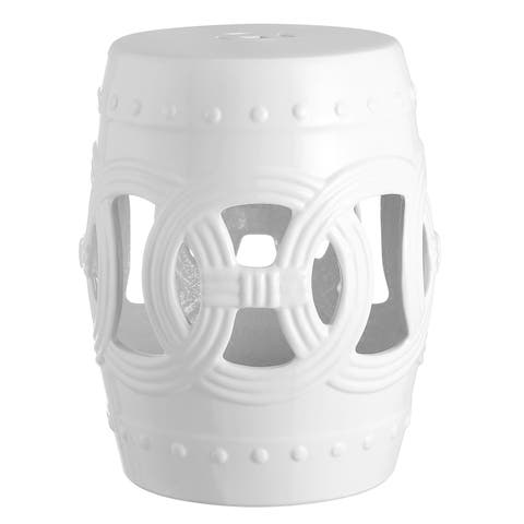 Lucky Coins Contemporary Ceramic Cutout Interlocking Rings Drum Garden Stool, Indoor & Outdoor Accent Side Table, Seat