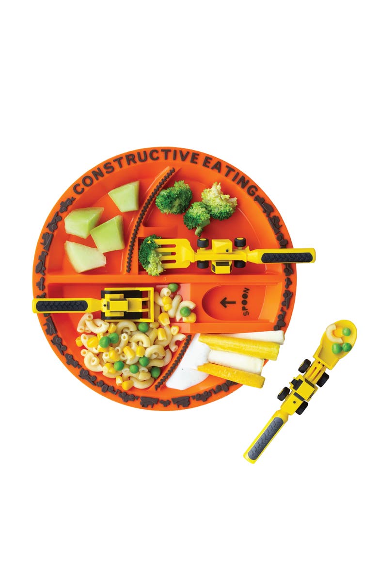 Constructive Eating 3 Piece Place Setting for Kids and Toddlers, Alternate, color, Orange