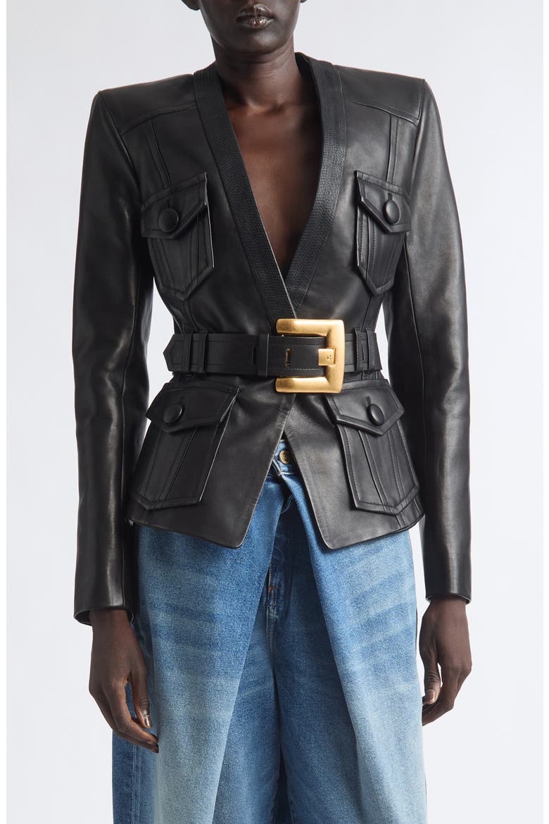 Belted Leather Jacket, Main, color, 0PA BLACK