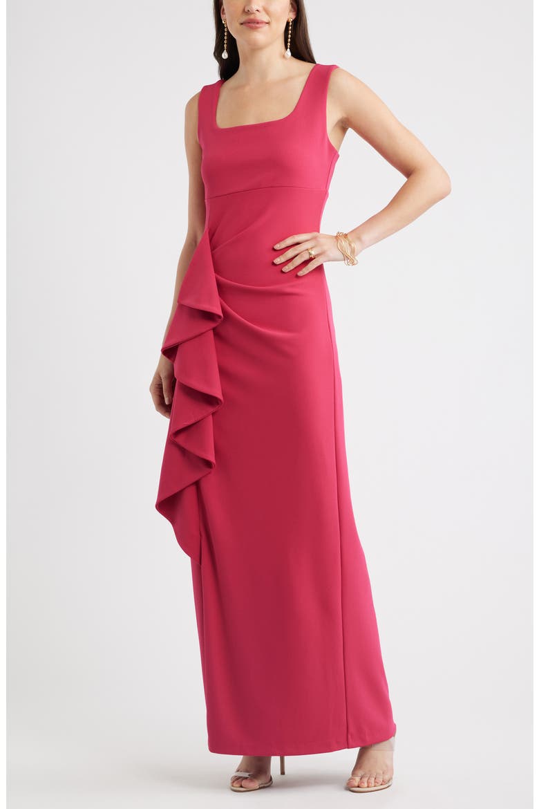 Ruffle Drape Square Neck Maxi Gown, Main, color, PINK CERISE