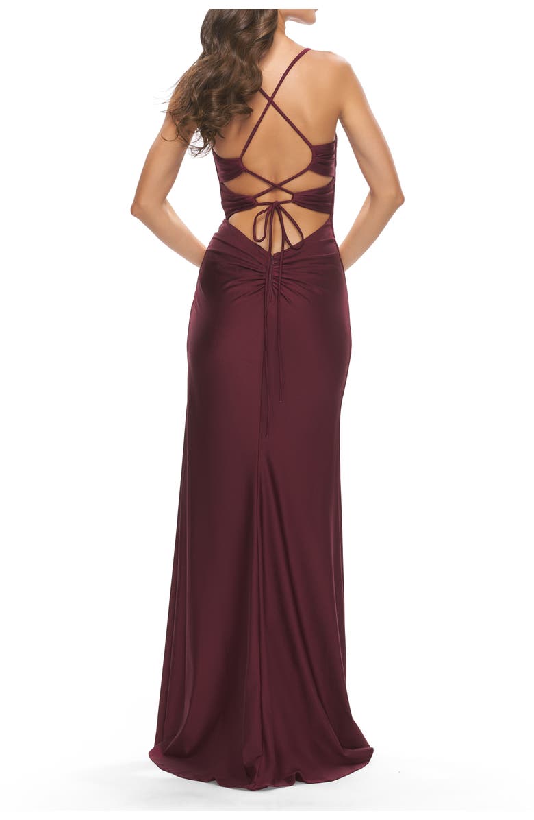 La Femme Jersey Long Prom Dress with Trendy Waist Cut Outs, Alternate, color, Dark Berry