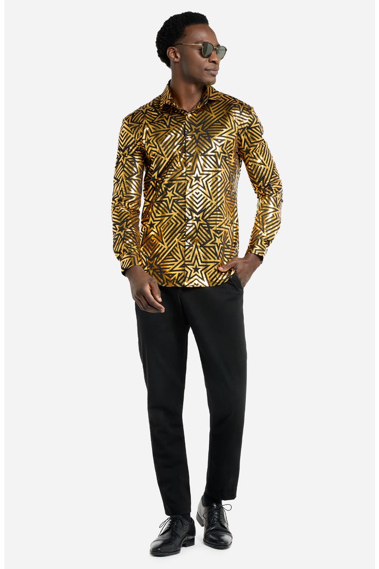 Golden Geo Star Modern Tailored Fit Button-Up Shirt, Alternate, color, BLACK