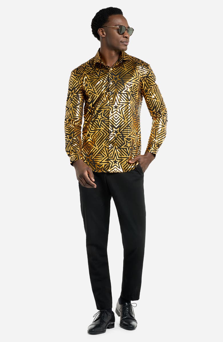 OppoSuits Golden Geo Star Modern Tailored Fit Button-Up Shirt, Alternate, color, Black