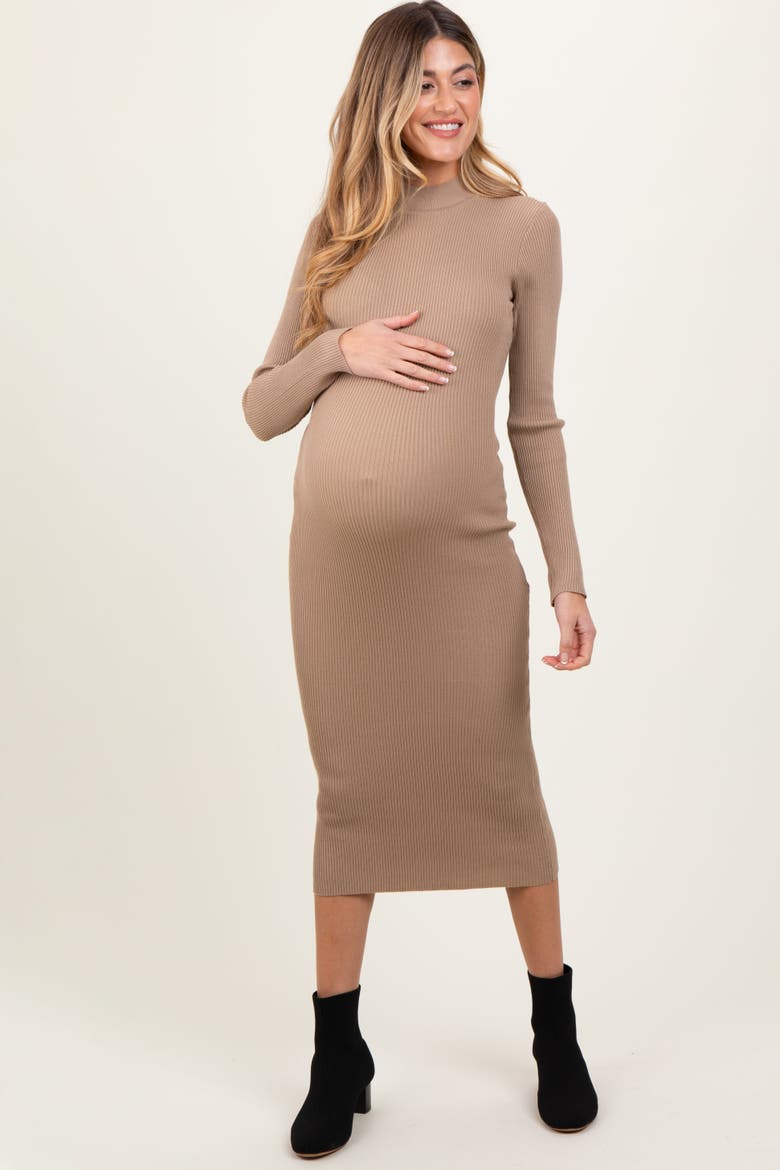 Mock Neck Fitted Ribbed Knit Midi Dress, Alternate, color, Taupe