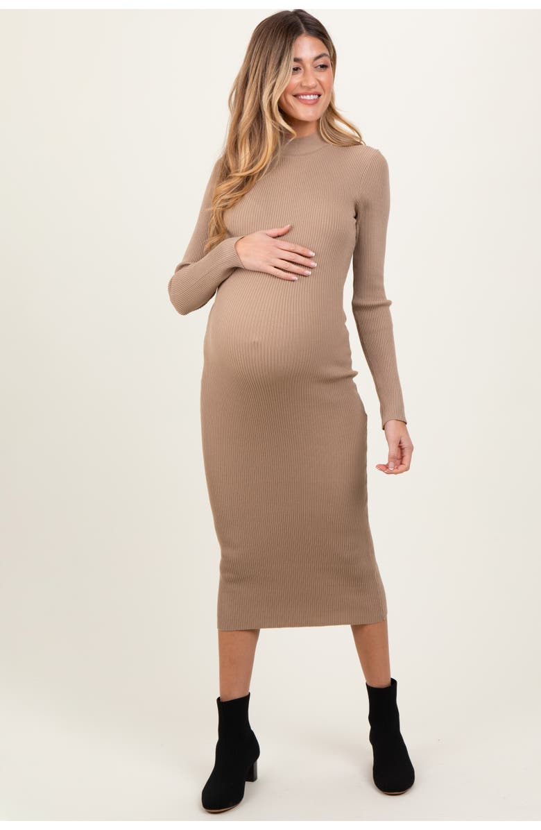 PinkBlush Mock Neck Fitted Ribbed Knit Midi Dress, Alternate, color, Taupe