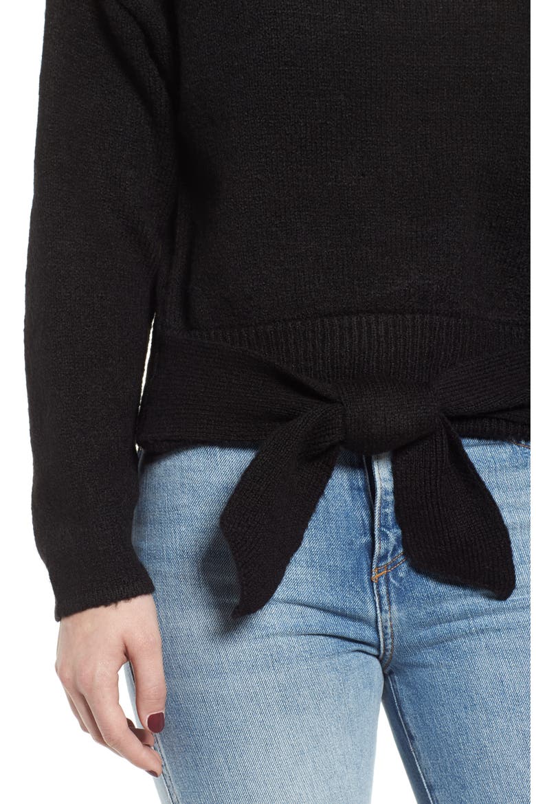 Tie Hem Funnel Neck Sweater, Alternate, color, BLACK