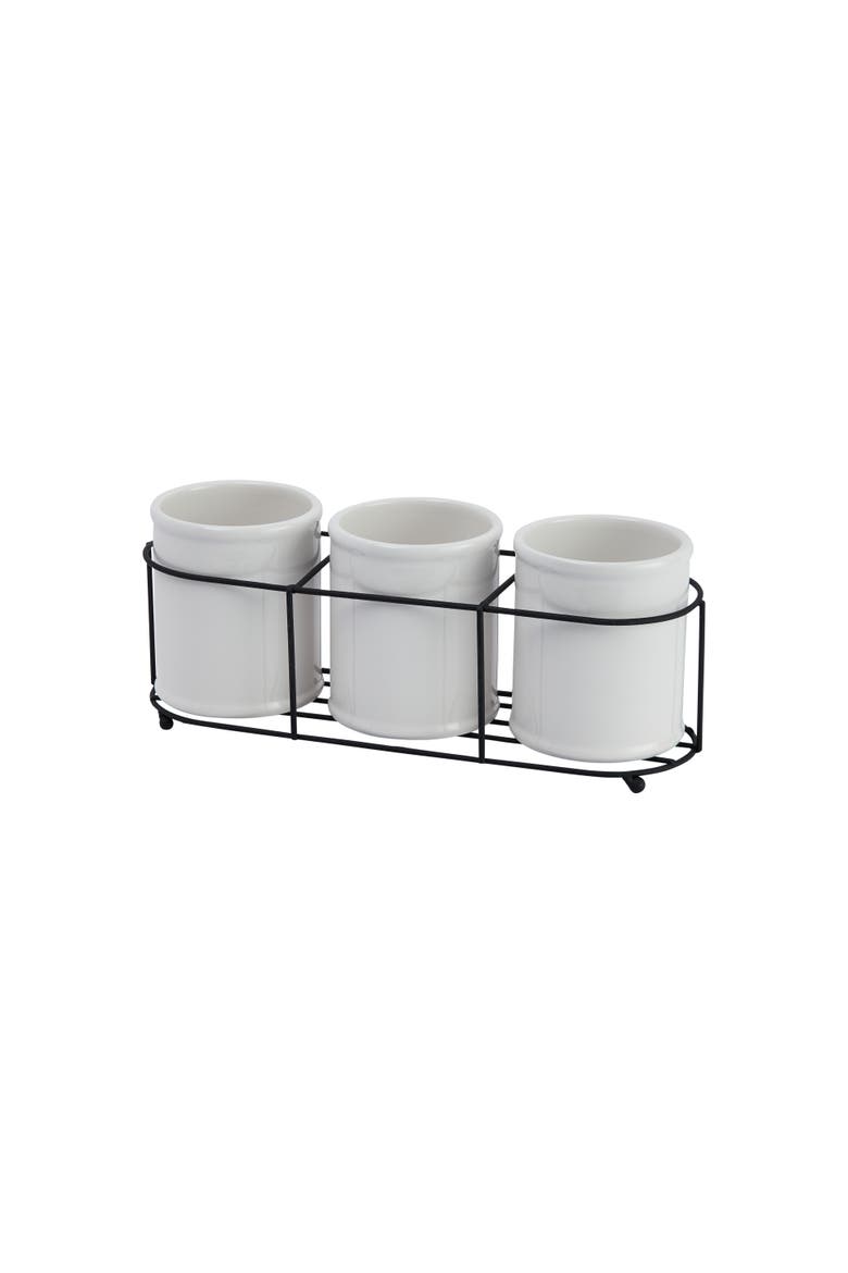 Farmhouse Ceramic Crocks in Metal Holder, White and Black, Main, color, White