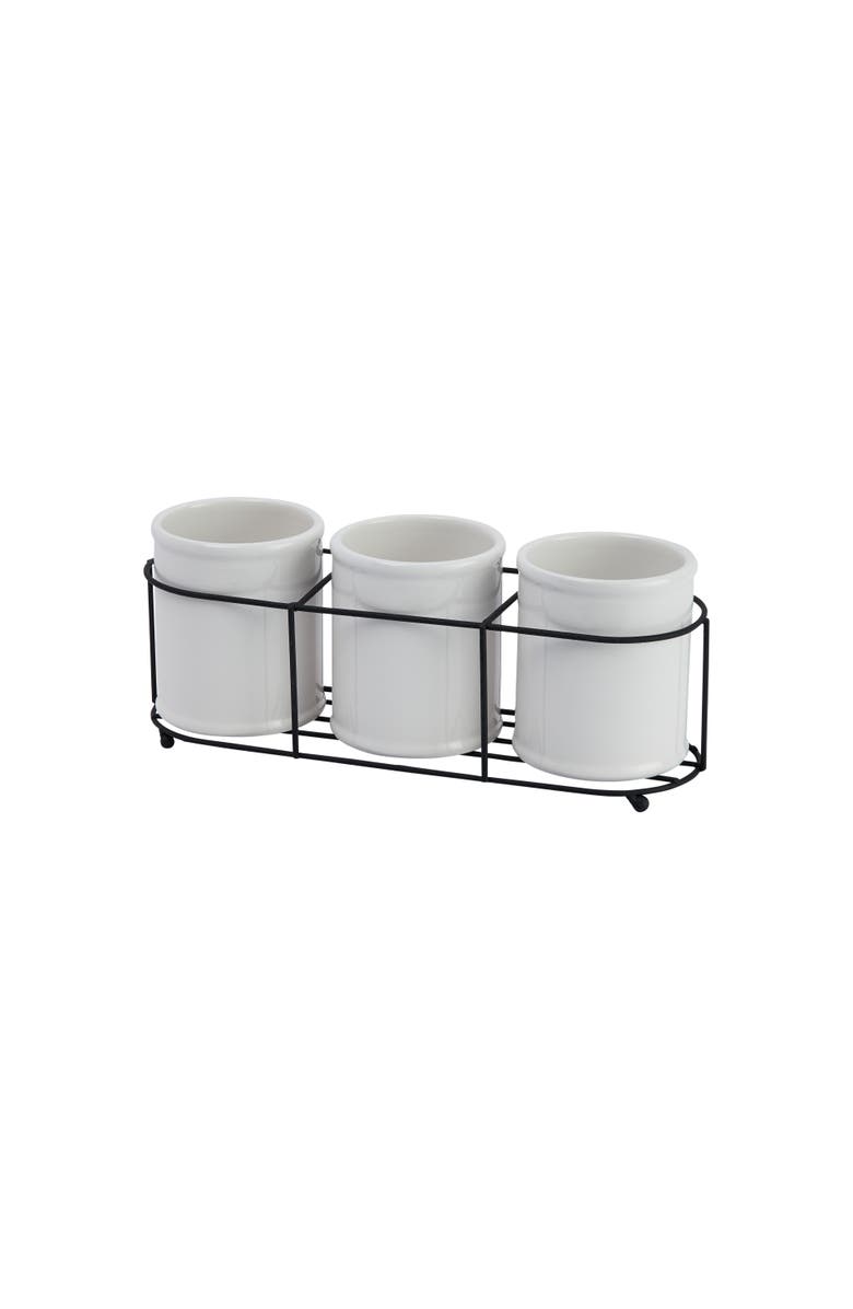 Storied Home Farmhouse Ceramic Crocks in Metal Holder, White and Black, Main, color, White