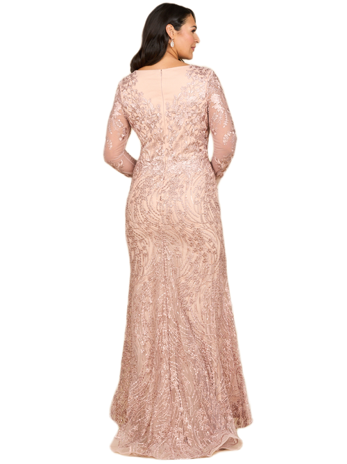 Lara New York Long Sleeve Gown With Overskirt & Illusion Neckline In Pink