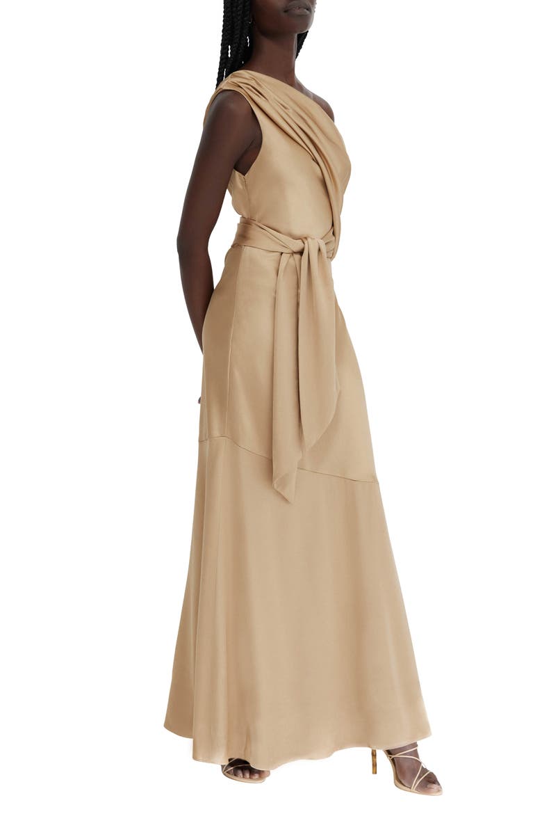 Erika One-Shoulder Satin A-Line Dress, Alternate, color, TAN