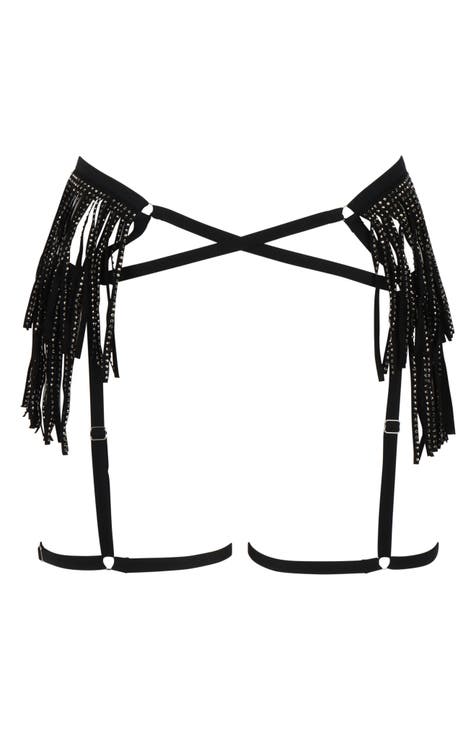 Fringe Rhinestone Cutout Mesh Garter Belt (Regular & Plus)