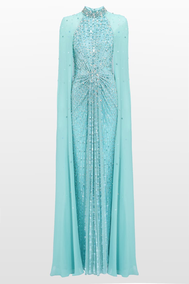 Thea Embellished Cape Maxi Dress, Main, color, Light Turquoise