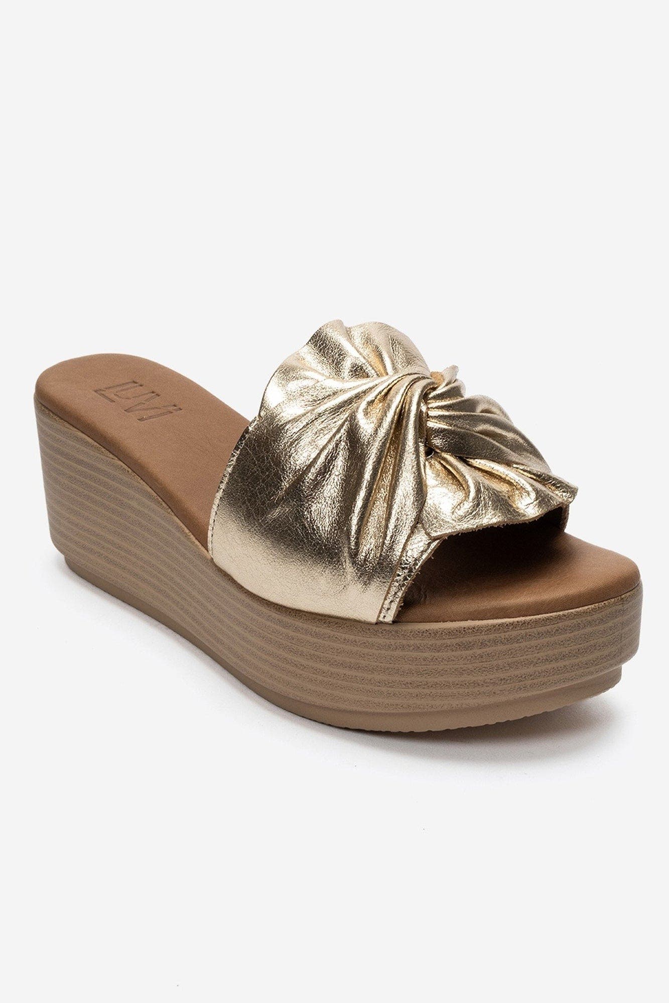 Syndra Bow Wedge Leather Sandal, Alternate, color, Gold Leather
