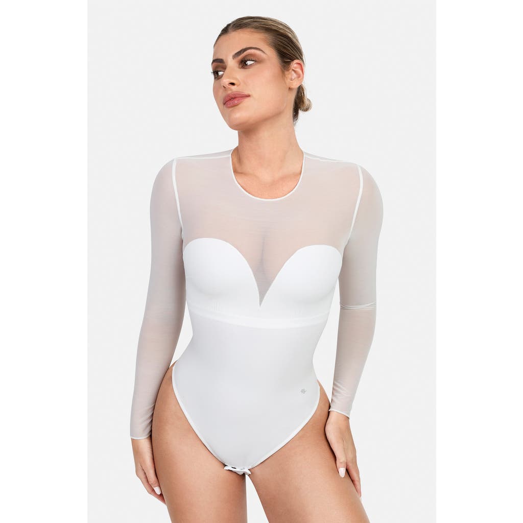 Popilush Shapewear Illusion Mesh Long Sleeve Tummy Control Bodysuit In Ivory