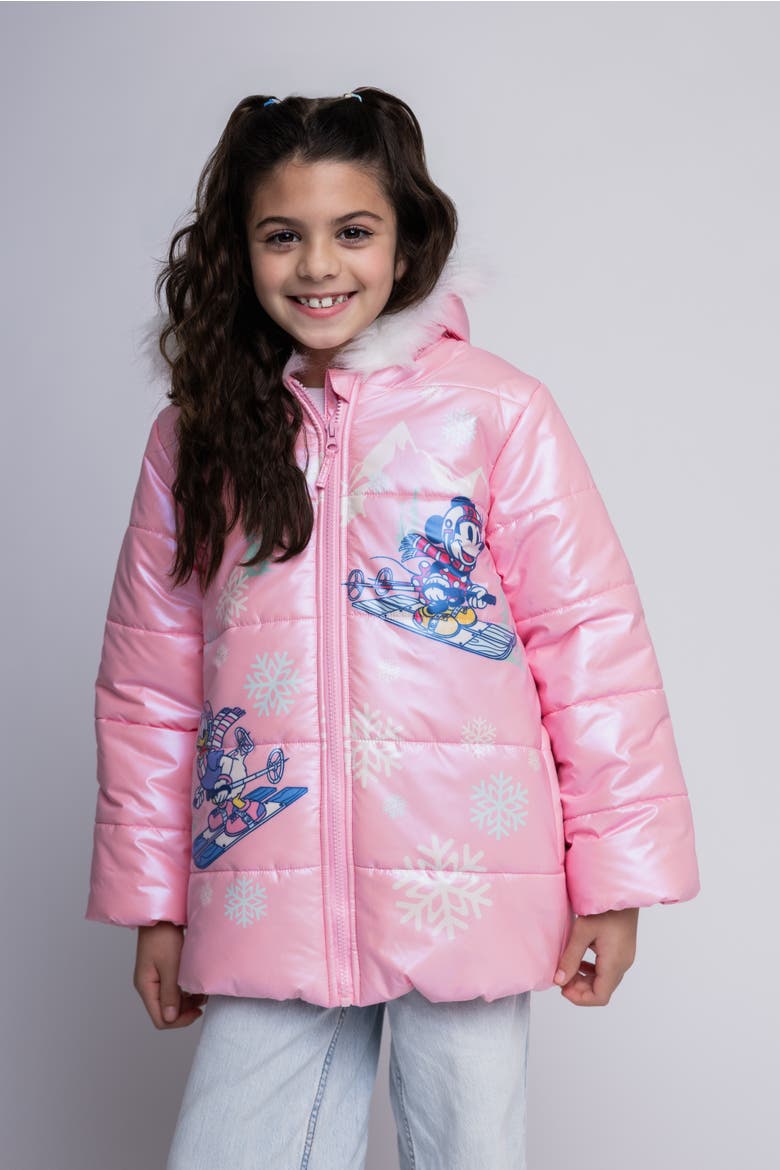Minnie Mouse Faux Fur Hooded Puffer Coat, Alternate, color, Pink Minnie Daisy