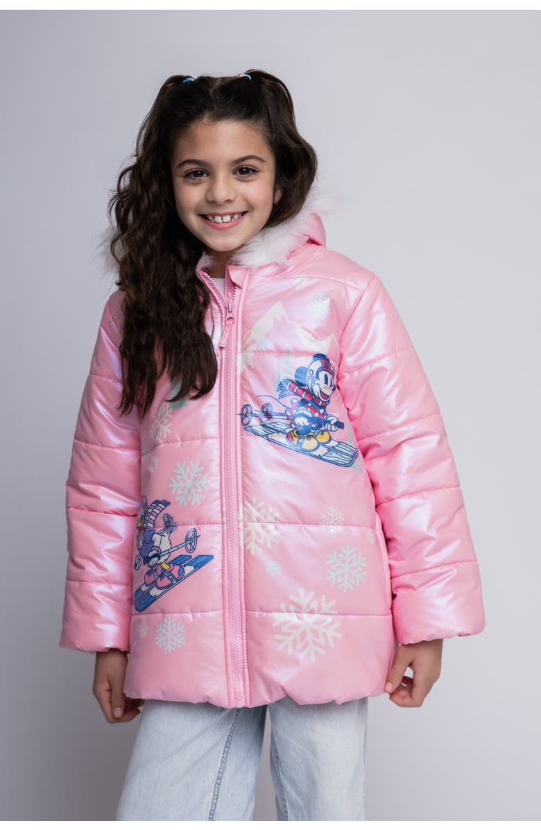 Disney Minnie Mouse Faux Fur Hooded Puffer Coat, Alternate, color, Pink Minnie Daisy