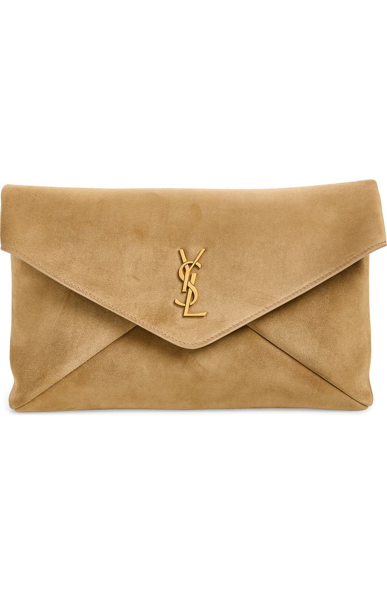 Saint Laurent Large Cassandre Suede Envelope Clutch, Main, color, Light Cumin