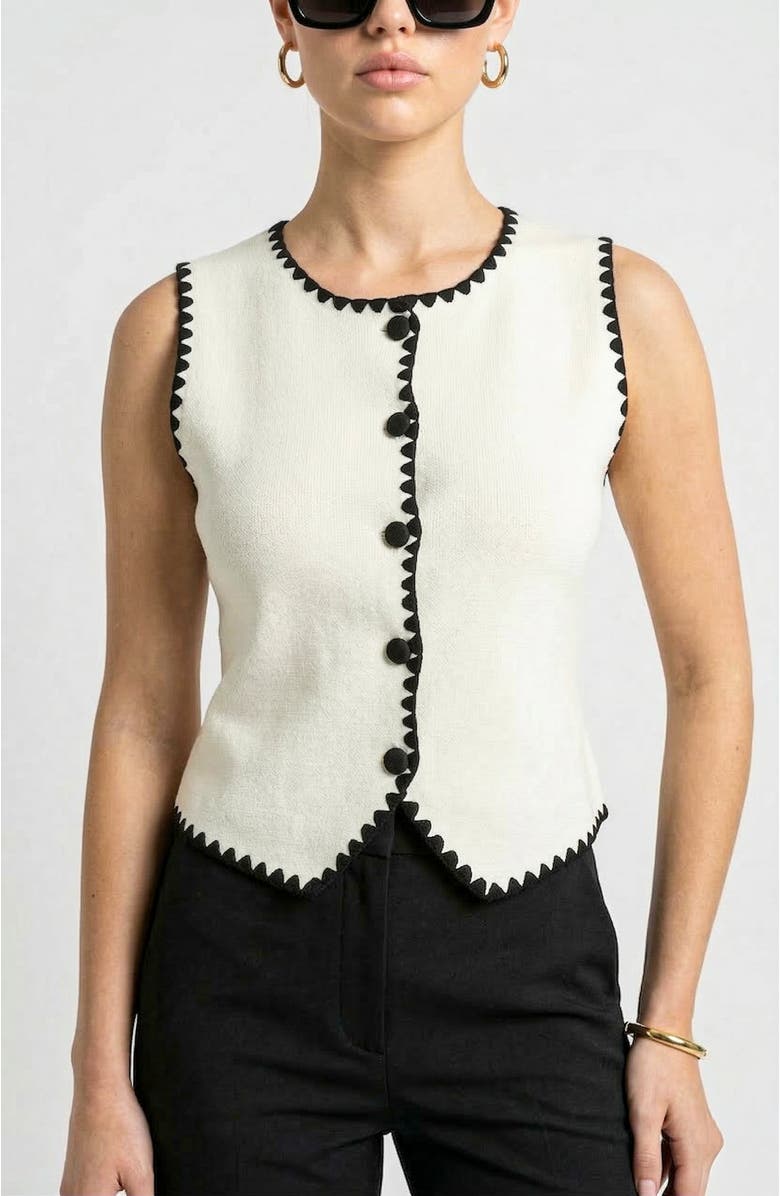 Knit & Lounge Sleeveless Sweater Vest with Button Front and Contrast Trim, Alternate, color, Black, White, Beige