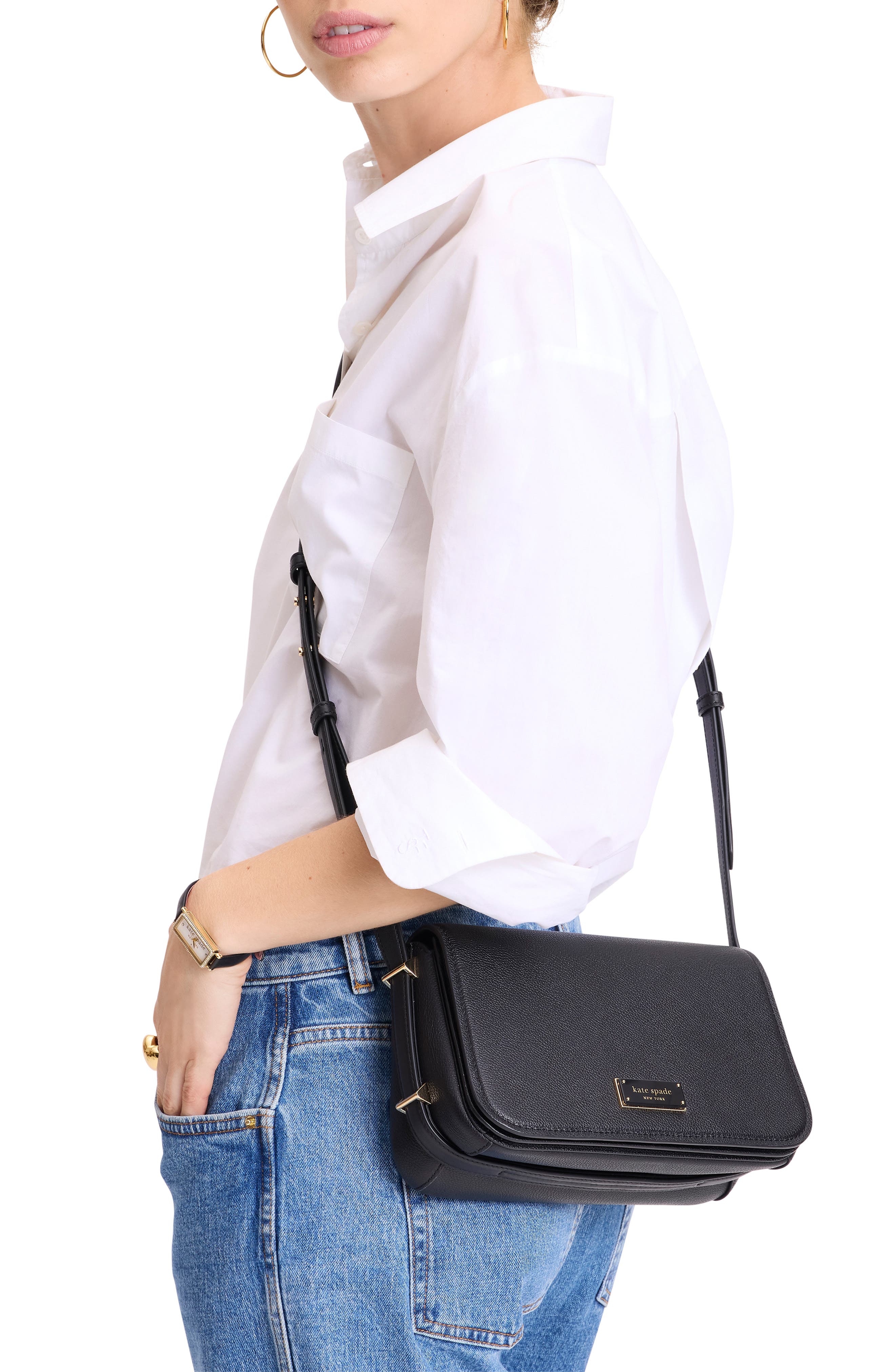 small liv pebble leather flap crossbody bag, Alternate, color, BLACK