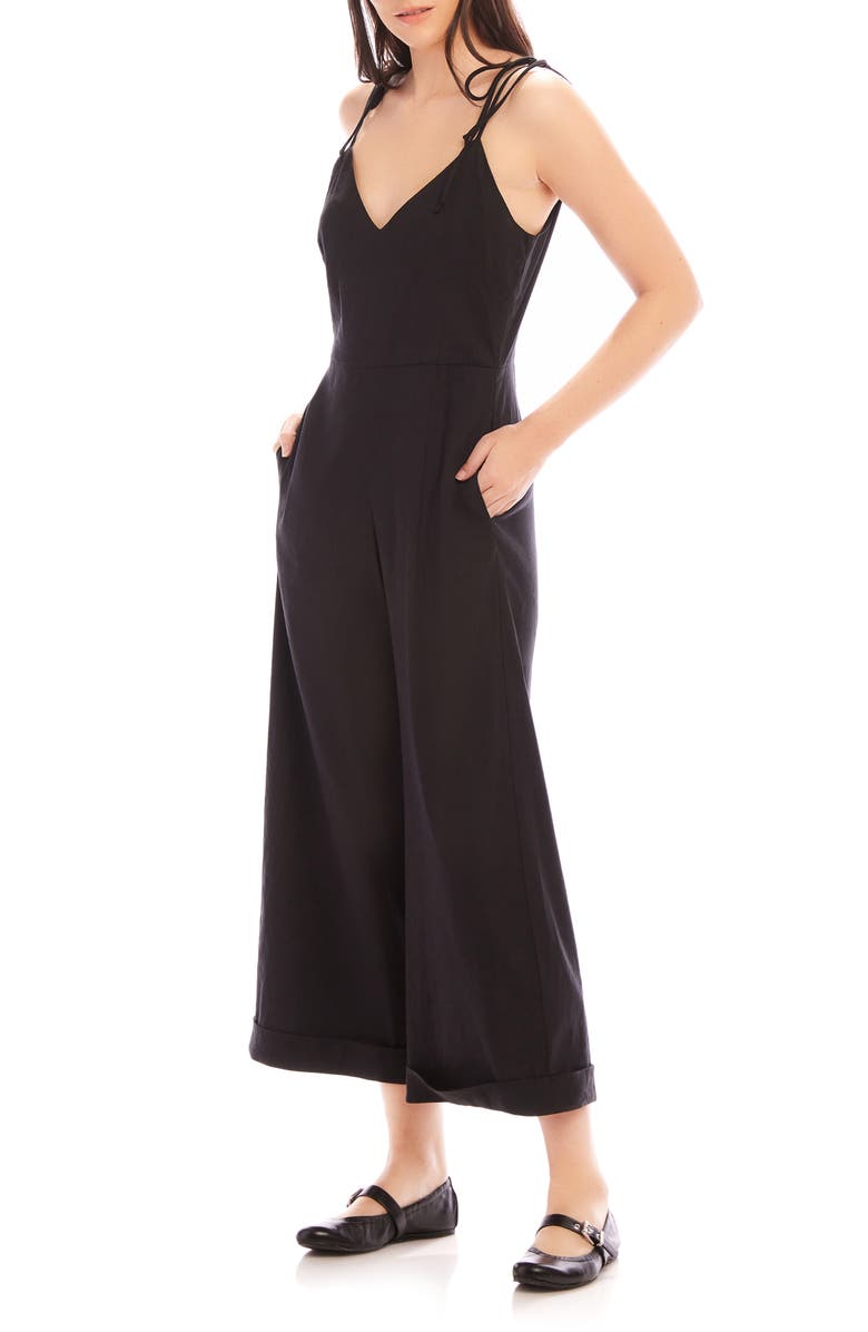 FIFTEEN TWENTY Dana Tie Strap Wide Leg Crop Linen Blend Jumpsuit, Alternate, color, Black