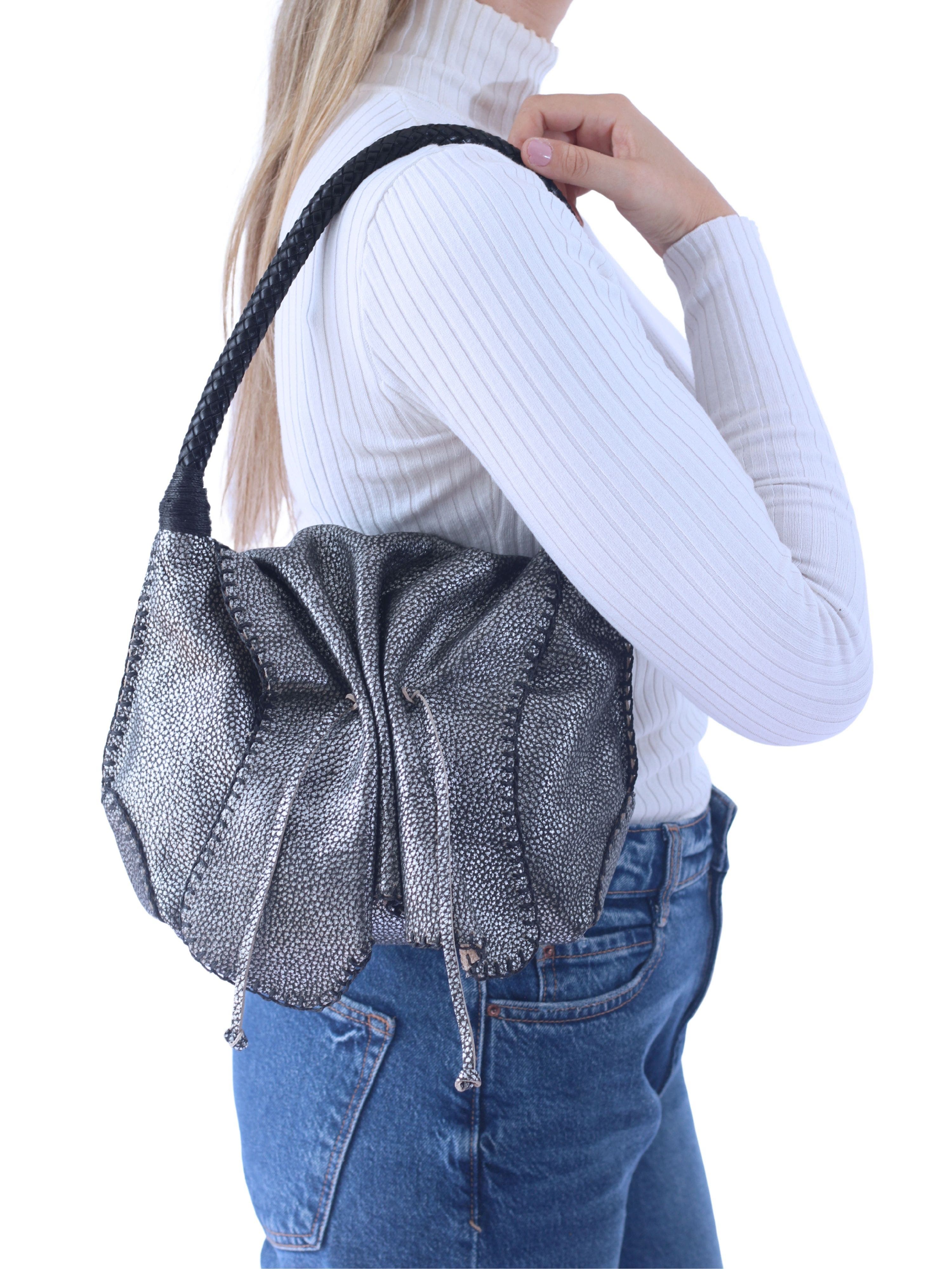 Carlos Falchi Shoulder Butterfly Top Grain Leather Bag, Alternate, color, Roman Chrome